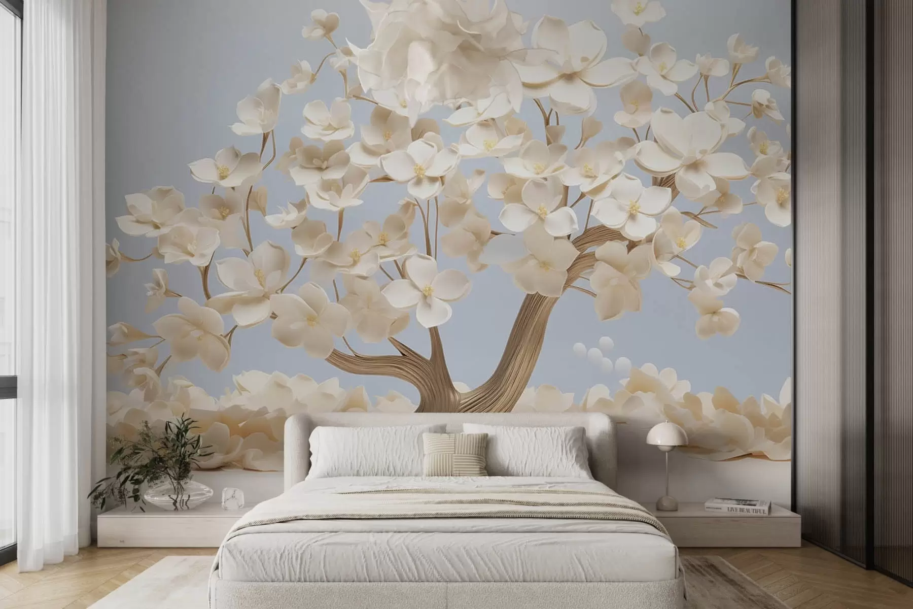 Fototapeedid Puu õrnade lilledega helesinisel taustal w08793