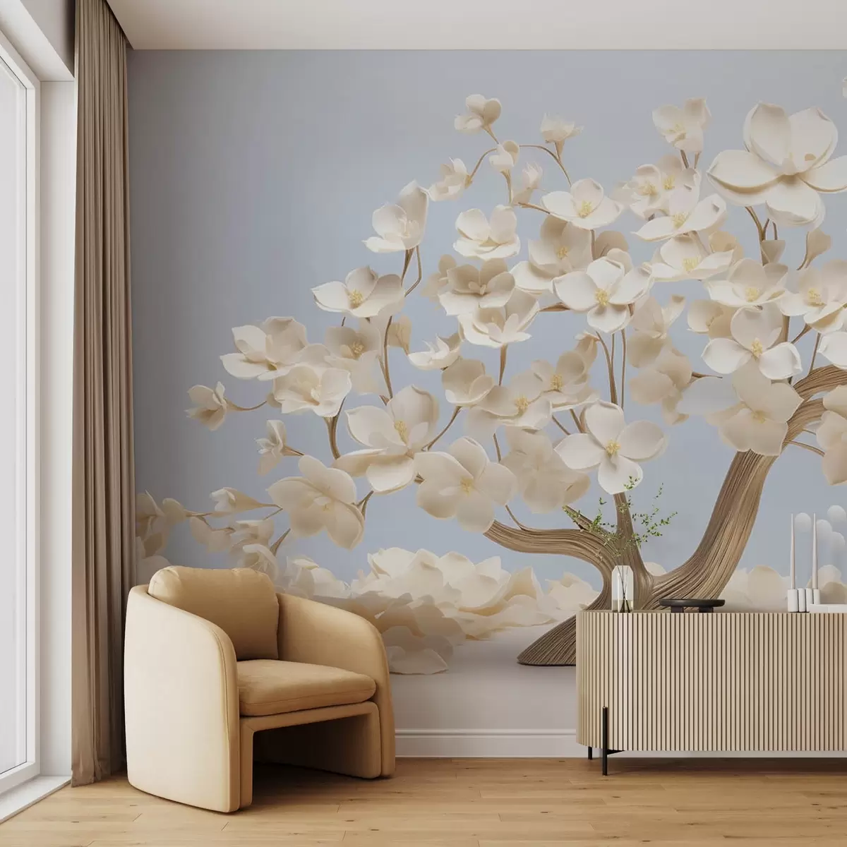 Fototapeedid Puu õrnade lilledega helesinisel taustal w08793