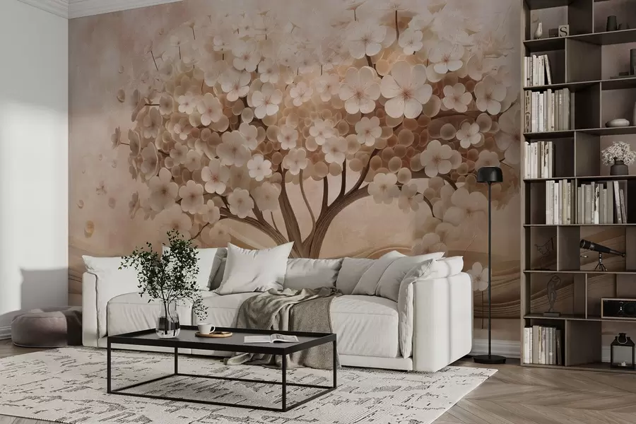 Fototapeedid Abstraktne puu koos väikeste lilledega vananenud seina taustal w08794