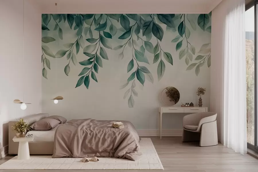 Fototapeedid rohelised akvarellistiilis lehed, mis ripuvad ülaosast w03024