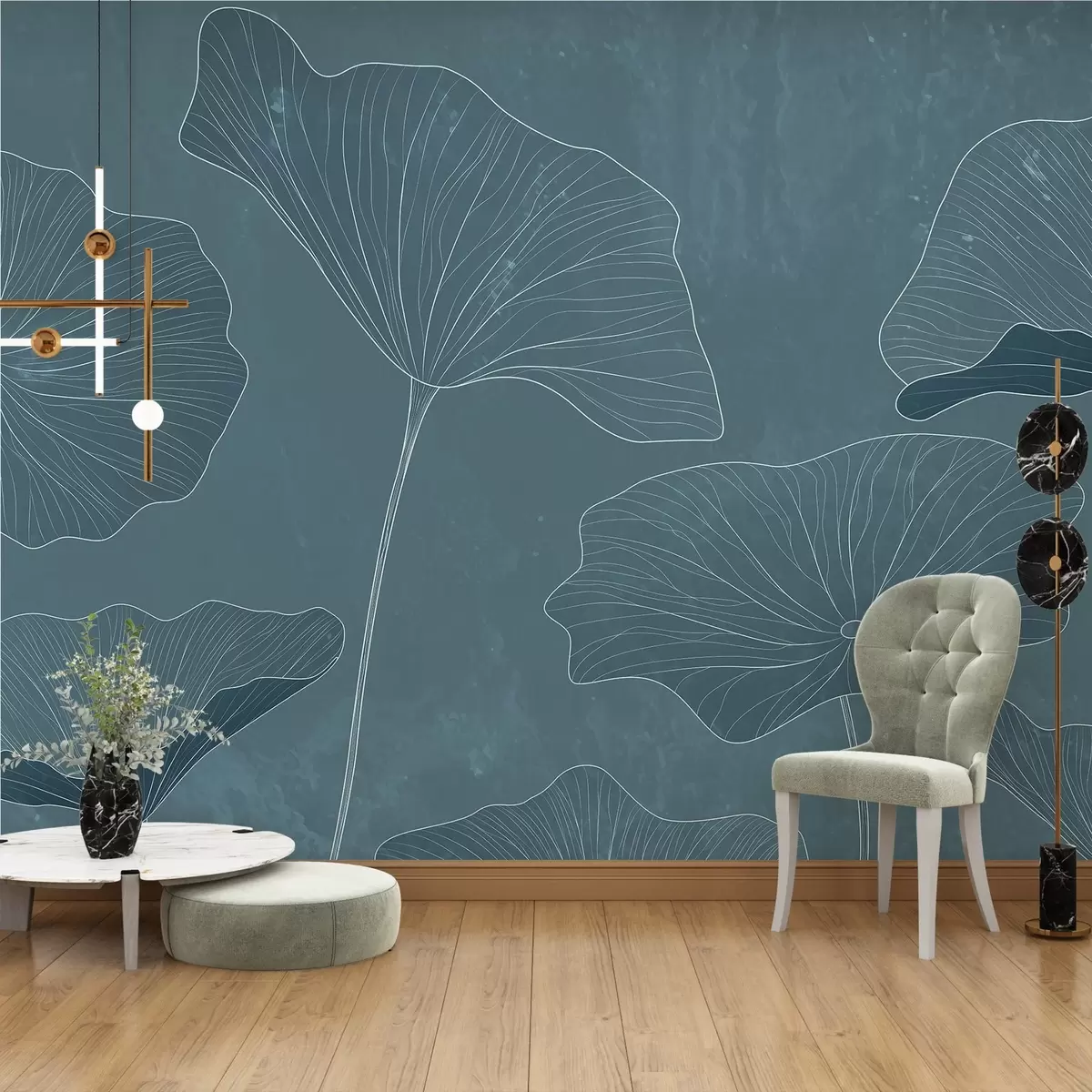 Fototapeedid Elegantsete lootoslehtede siluetid sügavsiniste toonidega tekstuurilisel taustal w03156