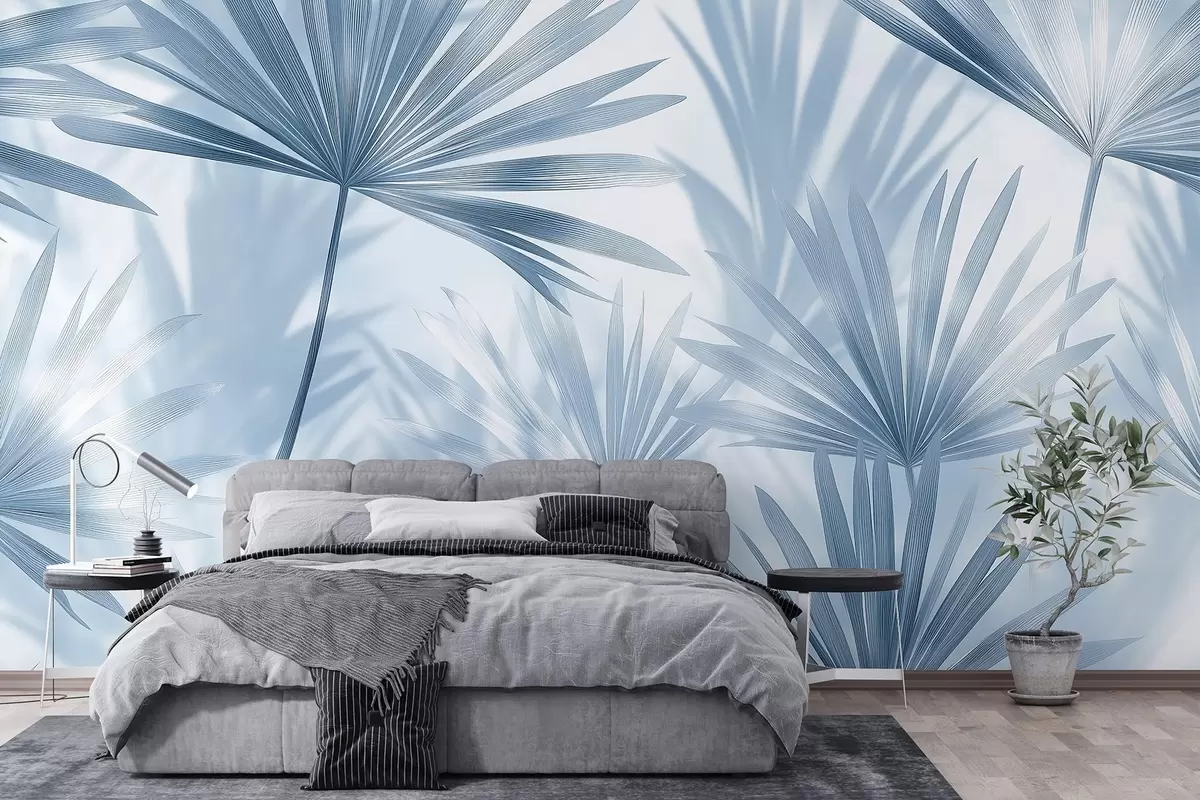 Fototapeedid Palmilehed, lillemustrid, minimalism, troopika, sinised värvid w03152