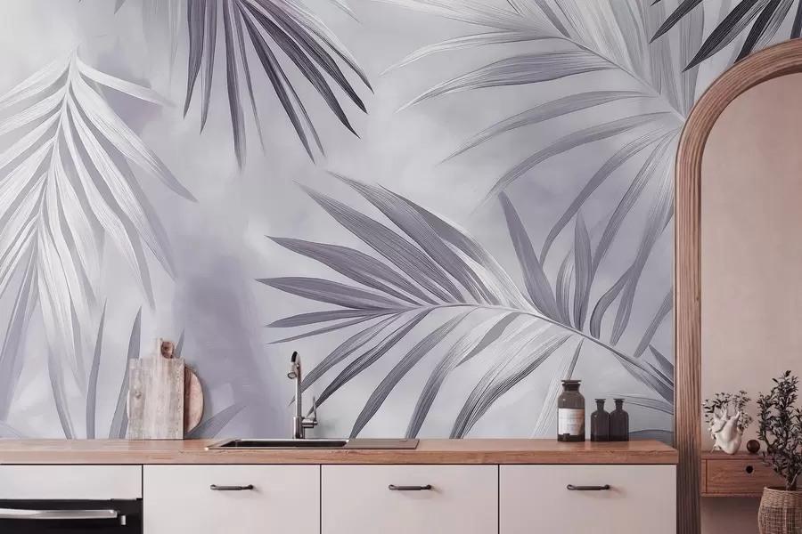 Fototapeedid Troopilised lehed abstraktsioon, palmipuu, lilla värvipalett  w03153v1