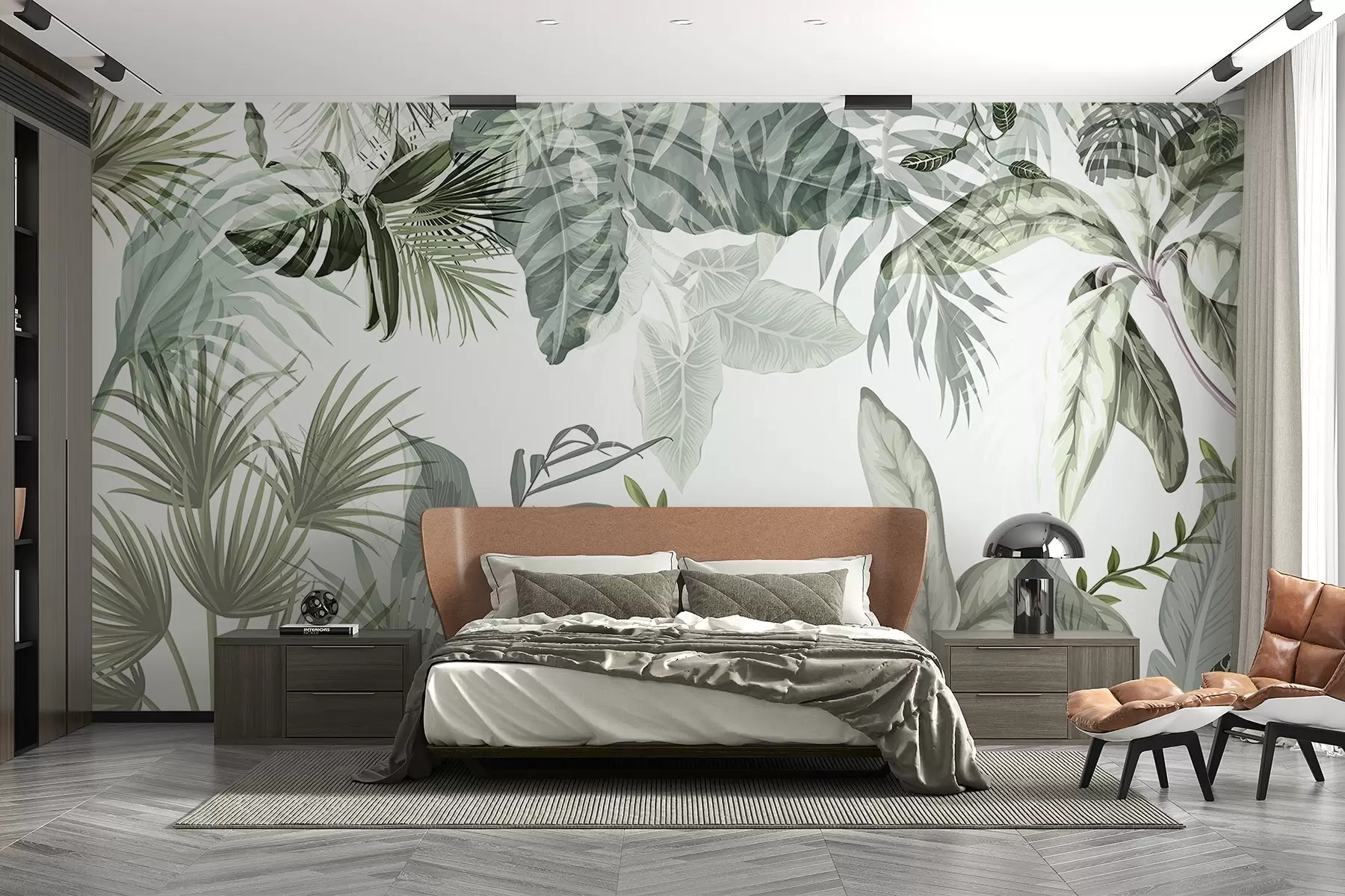 Fototapeedid Läbipaistvad troopilised lehed rohelistes toonides valgel taustal w08822