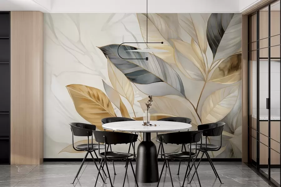 Fototapeedid Kollased, hallid ja valged õrnad suured lehed valgel abstraktsel tekstuurilisel taustal w08828