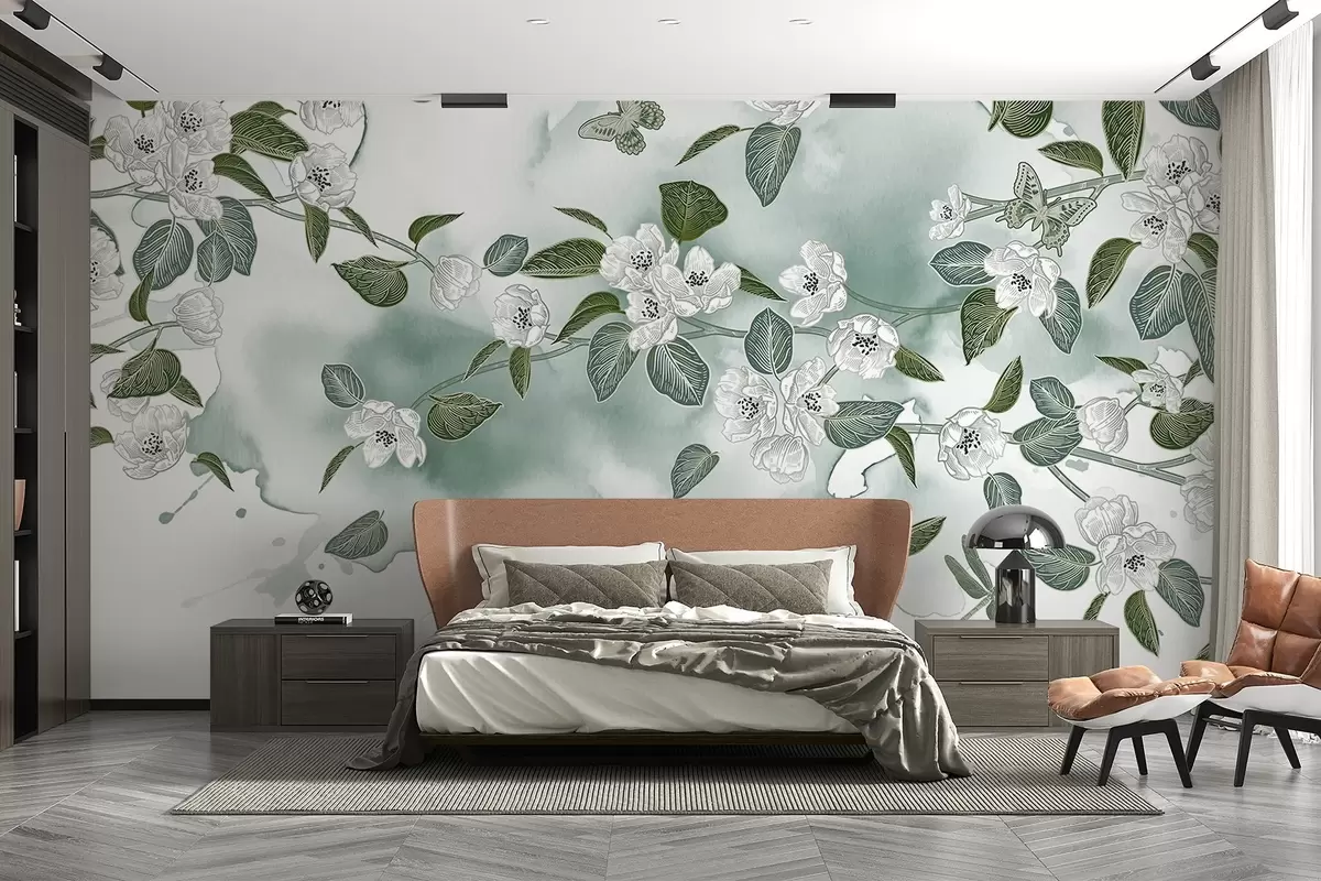 Fototapeedid Kirsipuu õie oksad koos lillede, lehtede ja liblikatega helerohelisel akvarellfoto taustal w08831