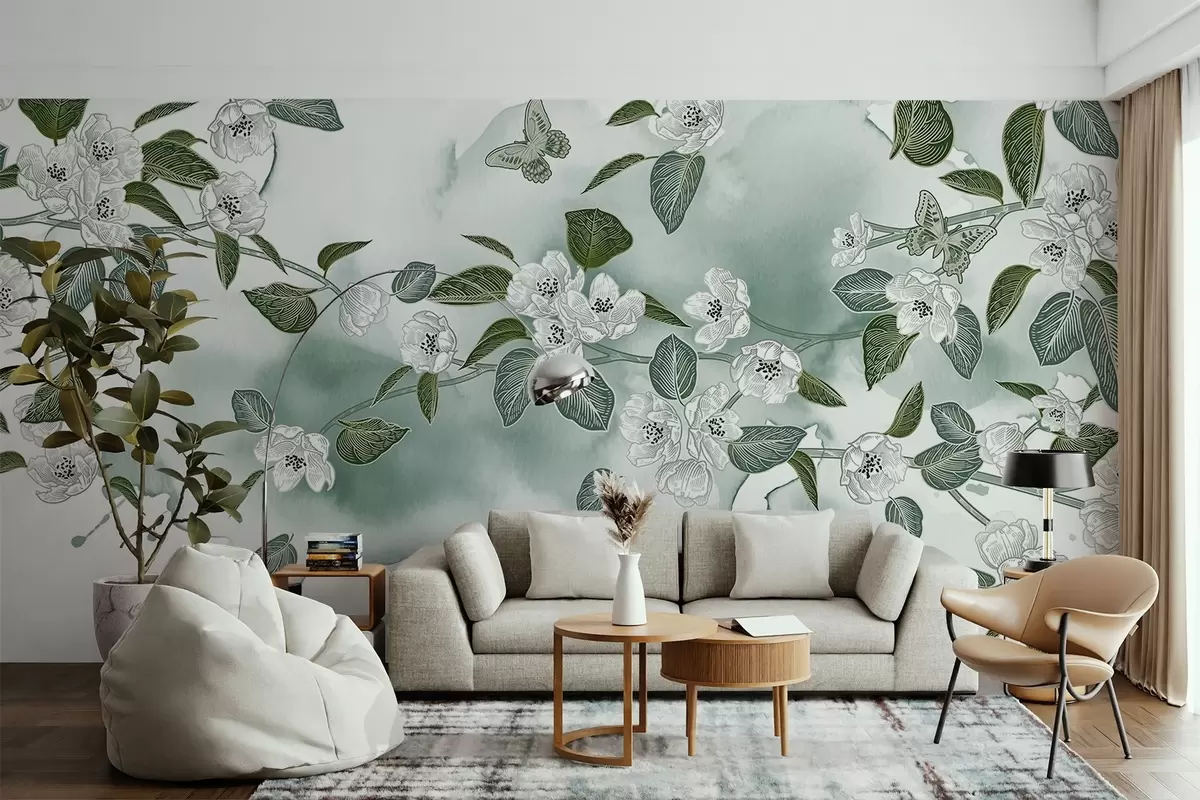 Fototapeedid Kirsipuu õie oksad koos lillede, lehtede ja liblikatega helerohelisel akvarellfoto taustal w08831