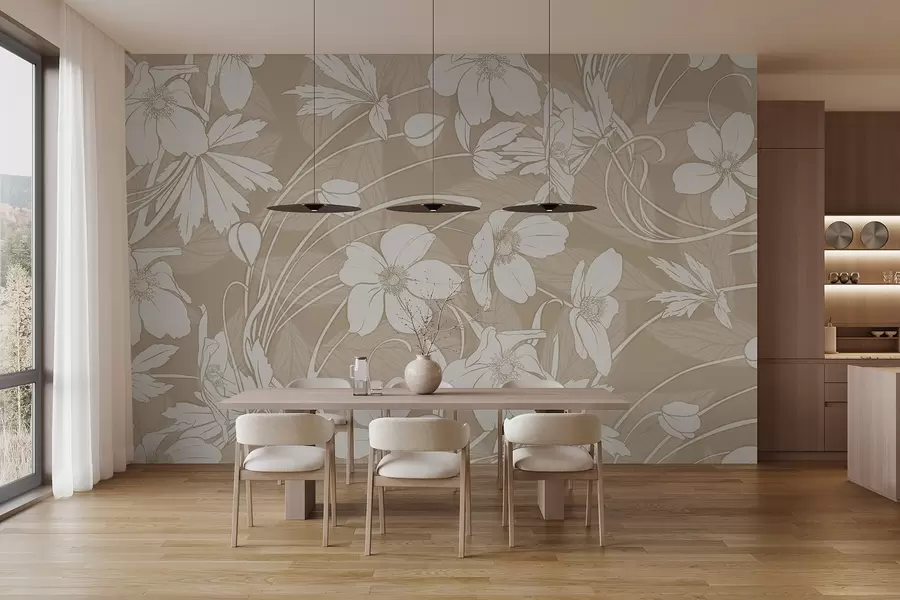 Fototapeedid Õrn minimalistlik valgete lillede ja lehtedega trükis beežil taustal w08832