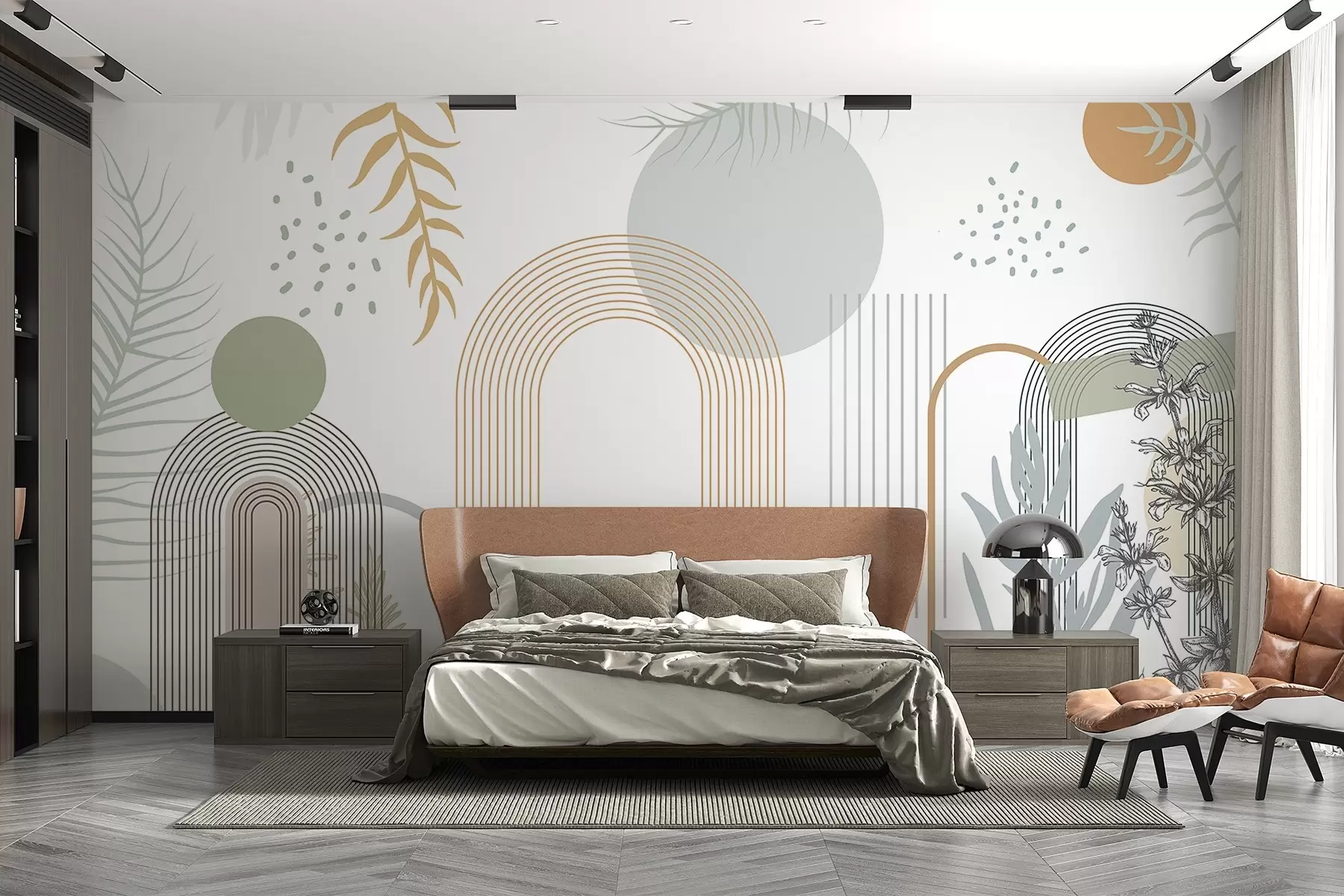 Fototapeedid Abstraktne trükis geomeetriliste kujundite, kaarte ja troopiliste lehtedega valgel taustal w08835