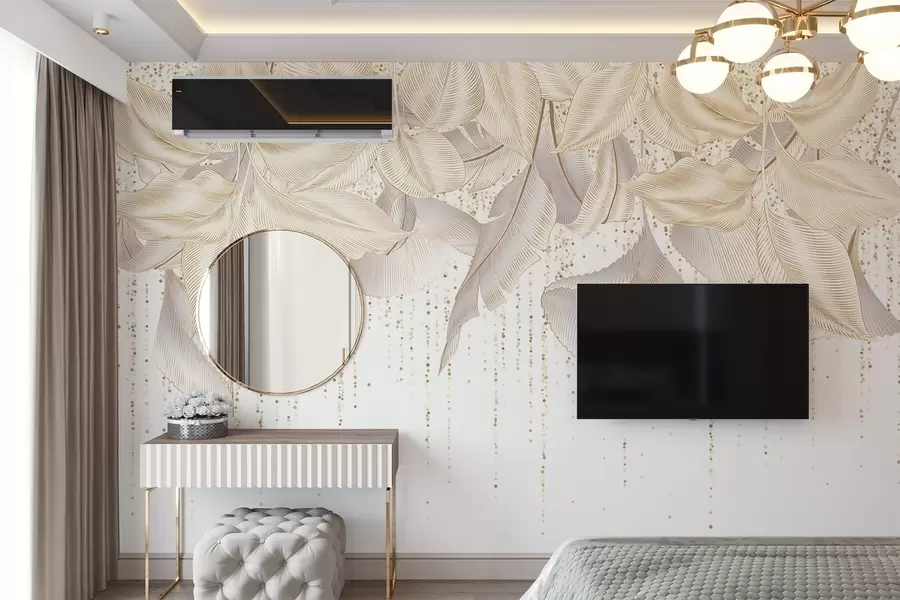 Fototapeedid Valged üksikasjalikud troopilised lehed ja kollased täpid valgel taustal w08836