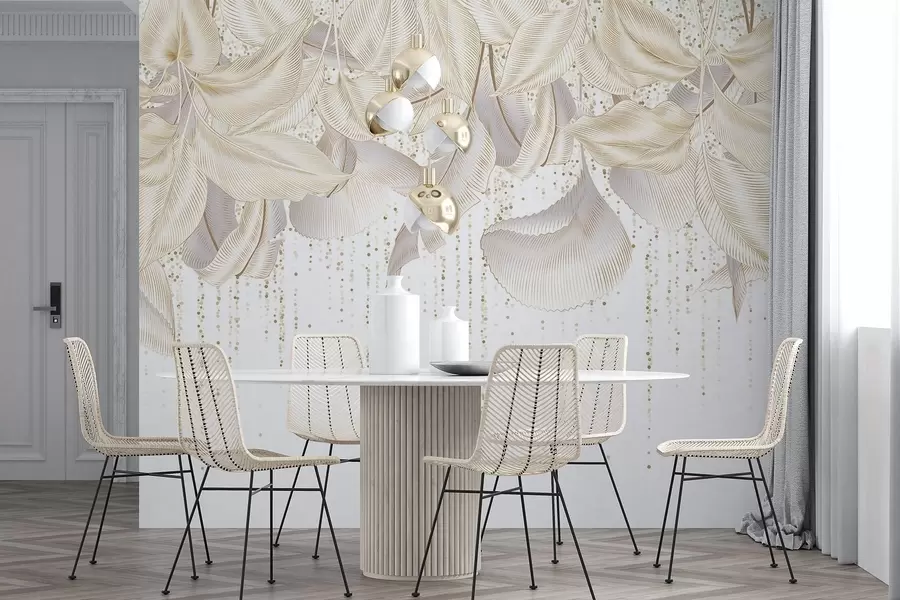 Fototapeedid Valged üksikasjalikud troopilised lehed ja kollased täpid valgel taustal w08836