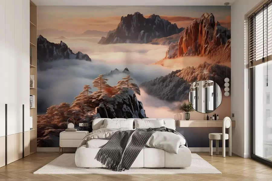 Fototapeedid Võluv mägimaastik udu ja puudega w08807