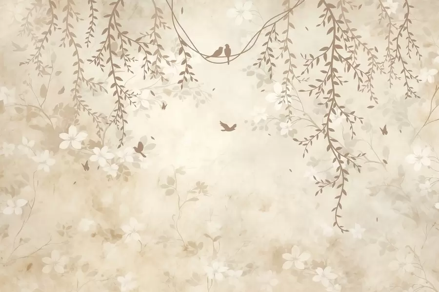 Fototapeedid Linnud koos rippuvate taimede ja lillemustriga heledates beeži-kreemi toonides w08809