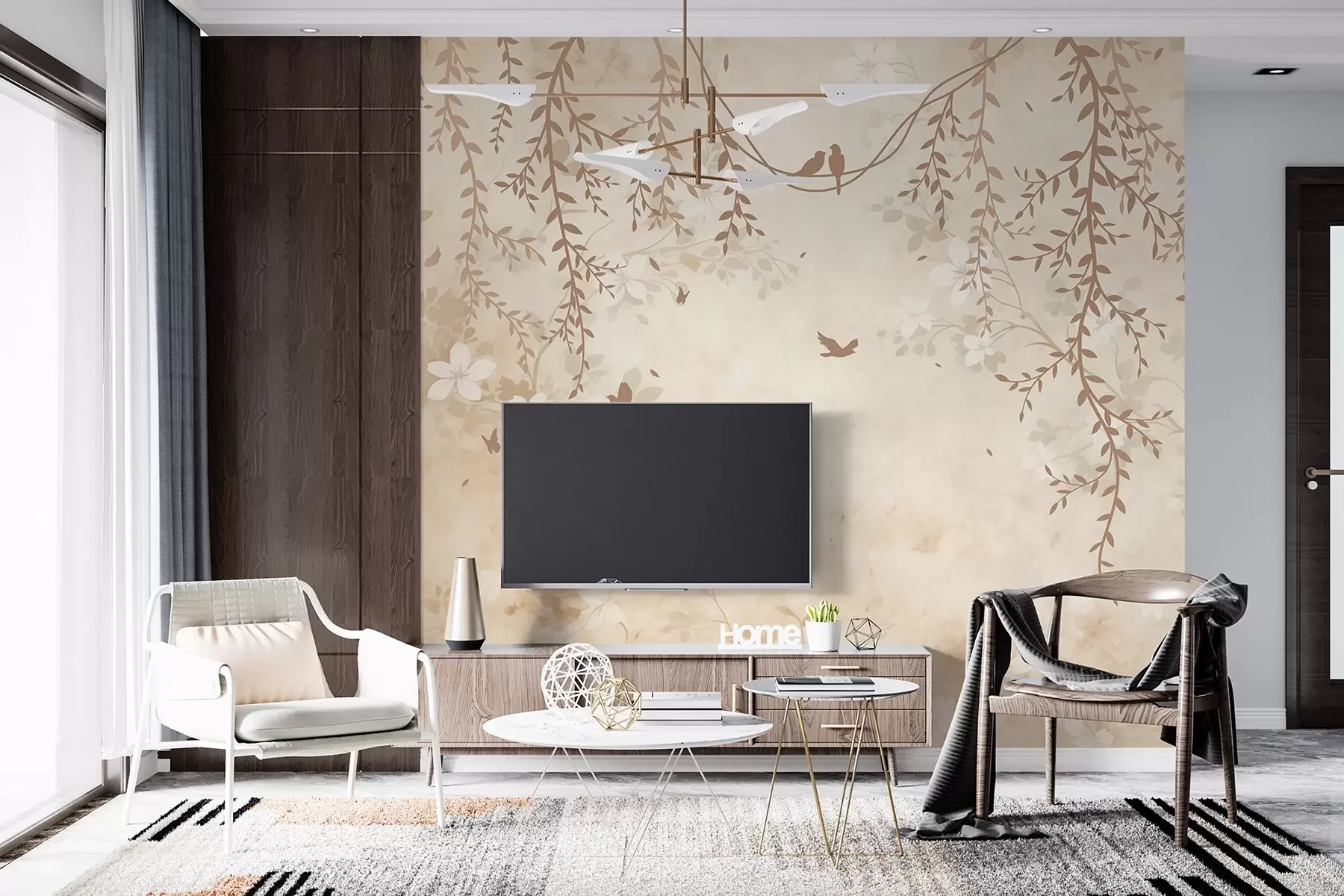 Fototapeedid Linnud koos rippuvate taimede ja lillemustriga heledates beeži-kreemi toonides w08809