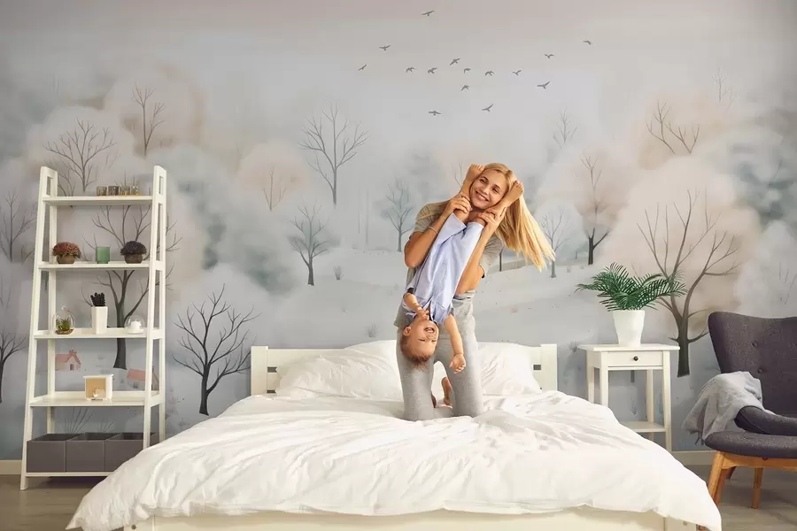 Fototapeedid Talvine mets koos puude, väikeste majade, lindude ja lumega kerge akvarellistiilis w08815