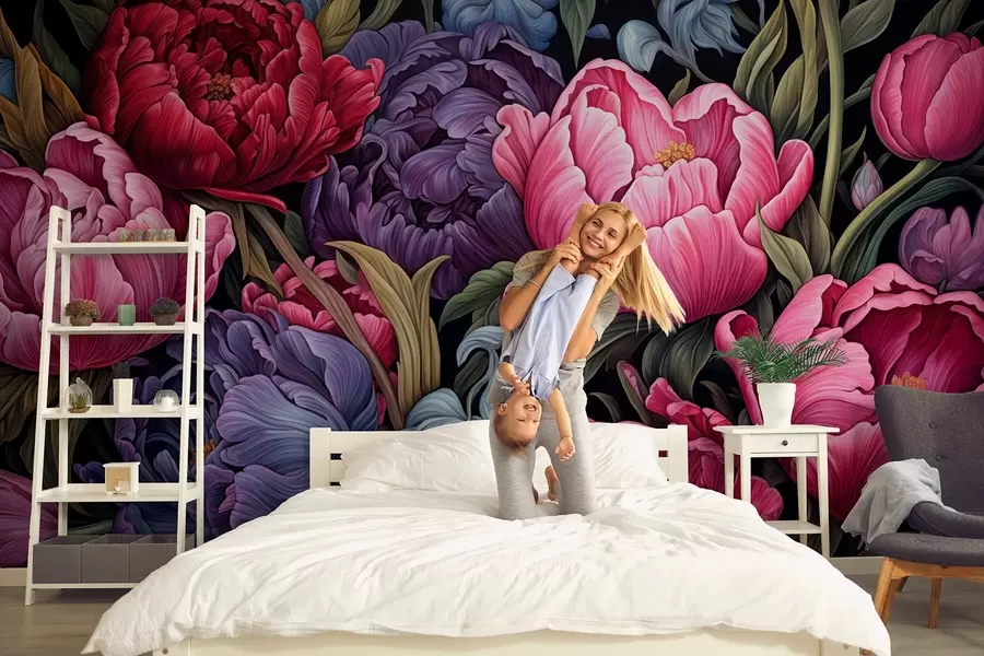 Fototapeedid Tulbid ja ploomid viktoriaanlikus stiilis, roosa ja lilla värvides w08818