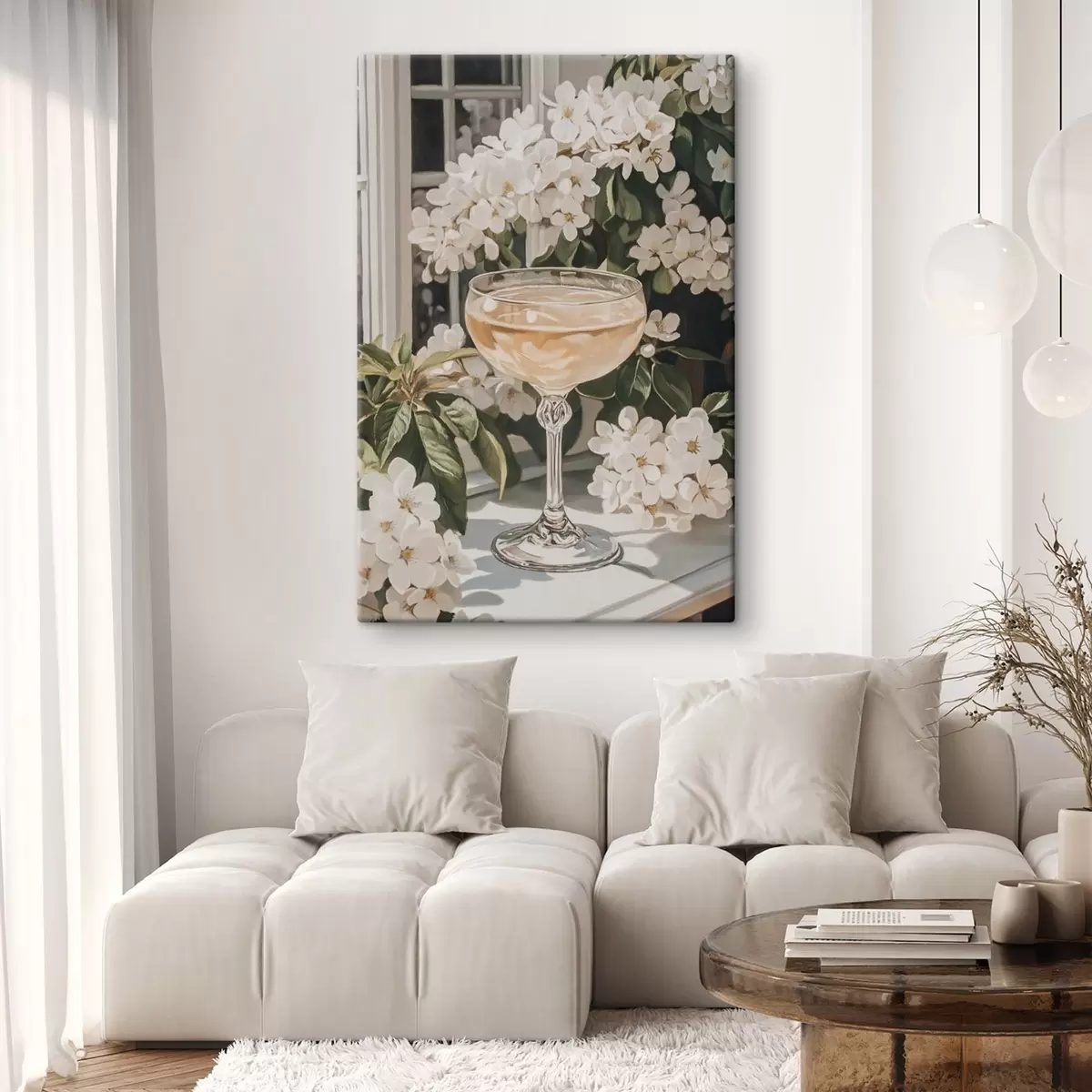 Pilt Klaas šampanja, vintage, akvarellstiilis, valged lilled s43051