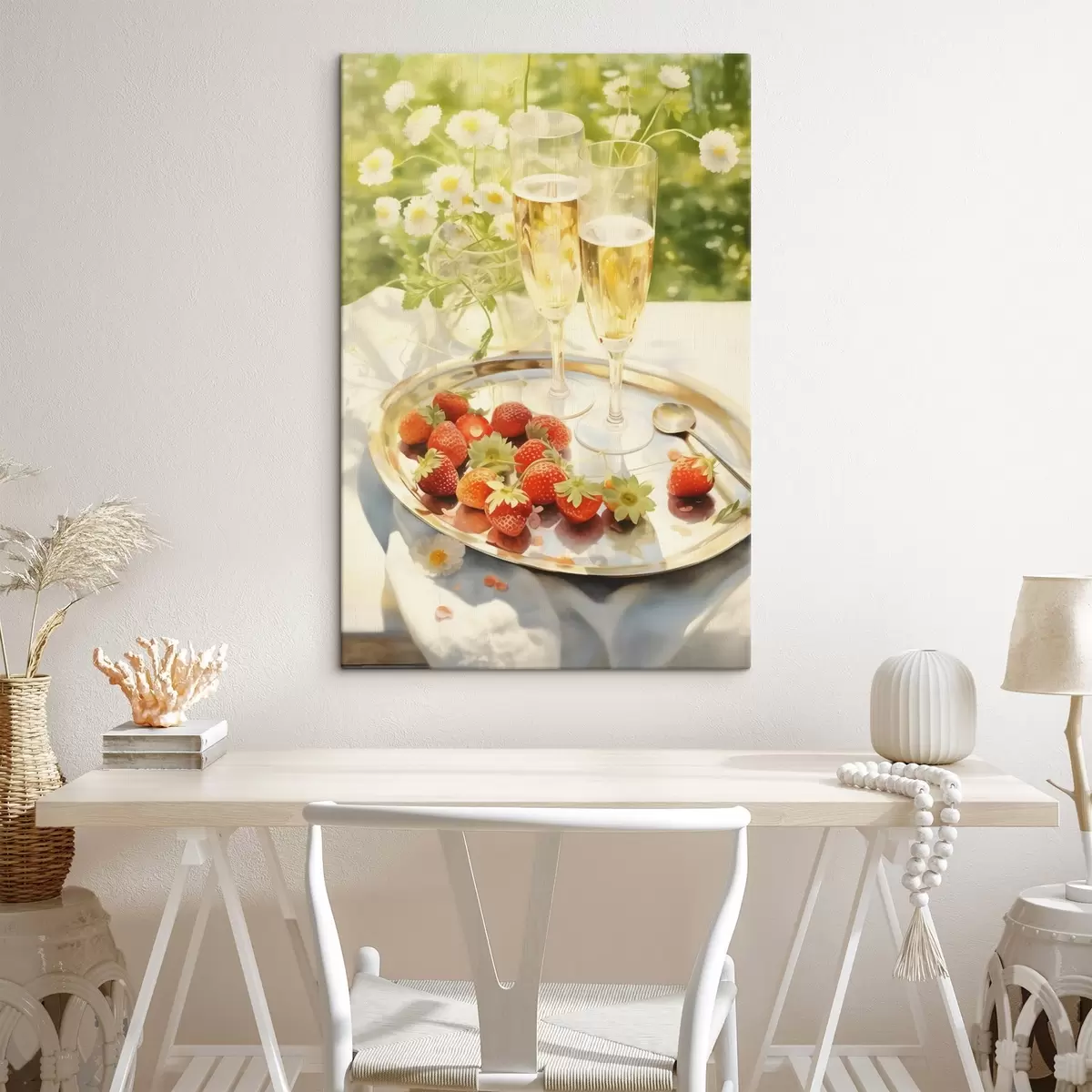 Pilt Šampanjaklaasid koos maasikatega kandikul, kummelililled, suvine s43054