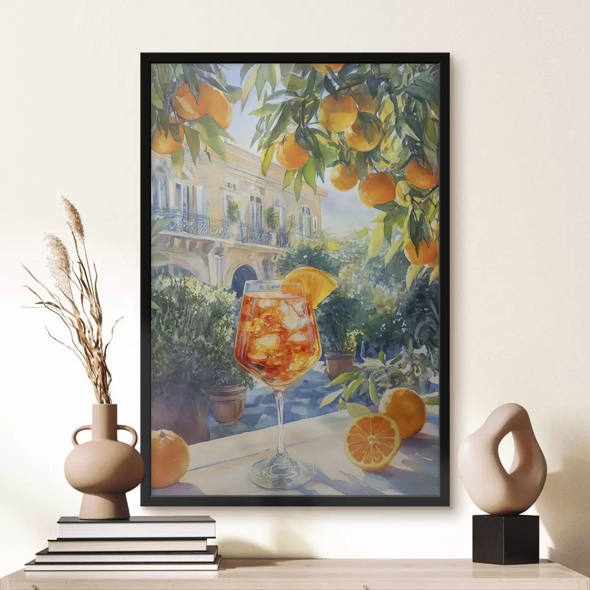 Plakat Apelsinidega kokteil, akvarellstiil, Itaalia, Aperol Spritz, arhitektuur, suveaed f43061