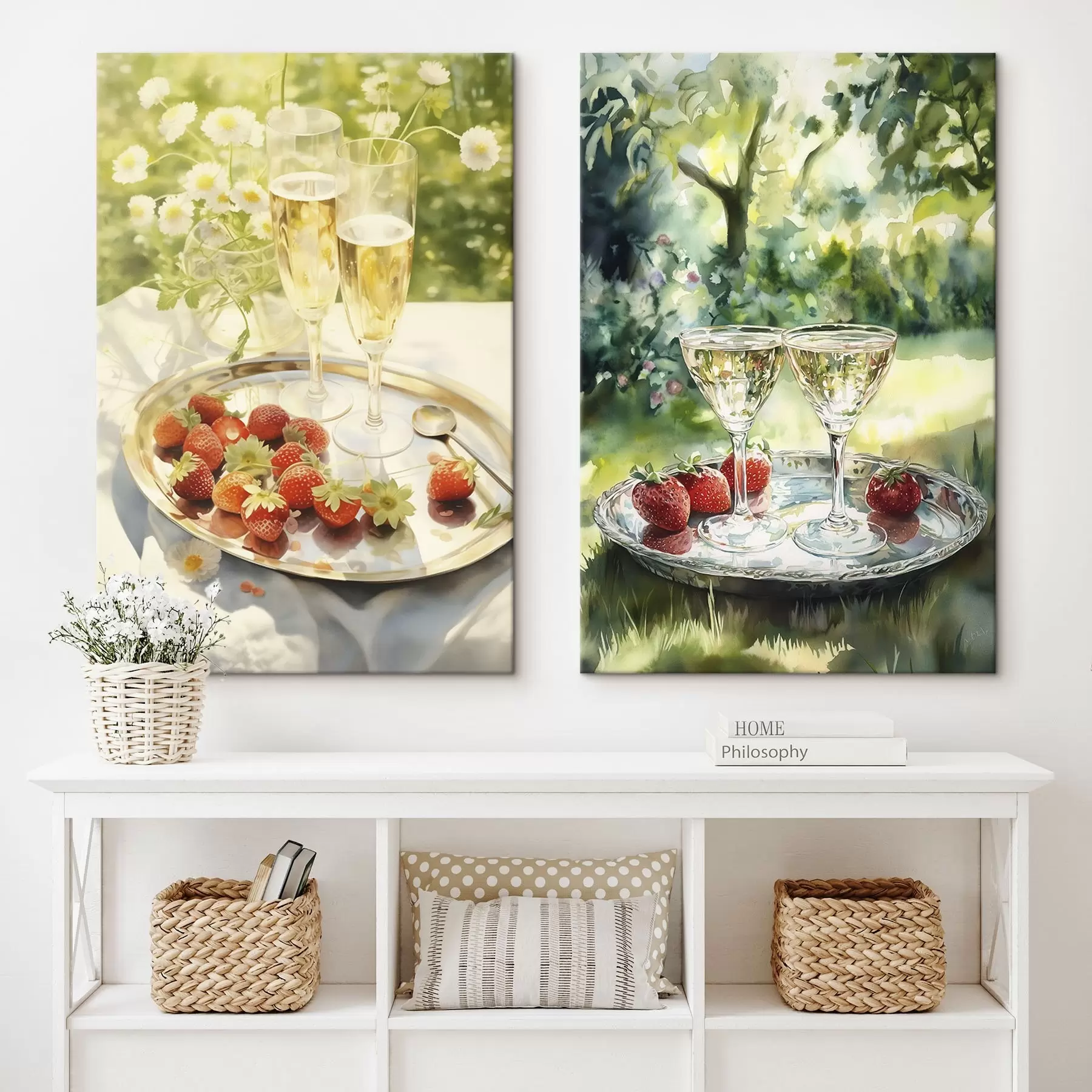 Pilt Suvine piknik, šampanjaklaasid koos maasikatega kandikul, kummelililledega m00414