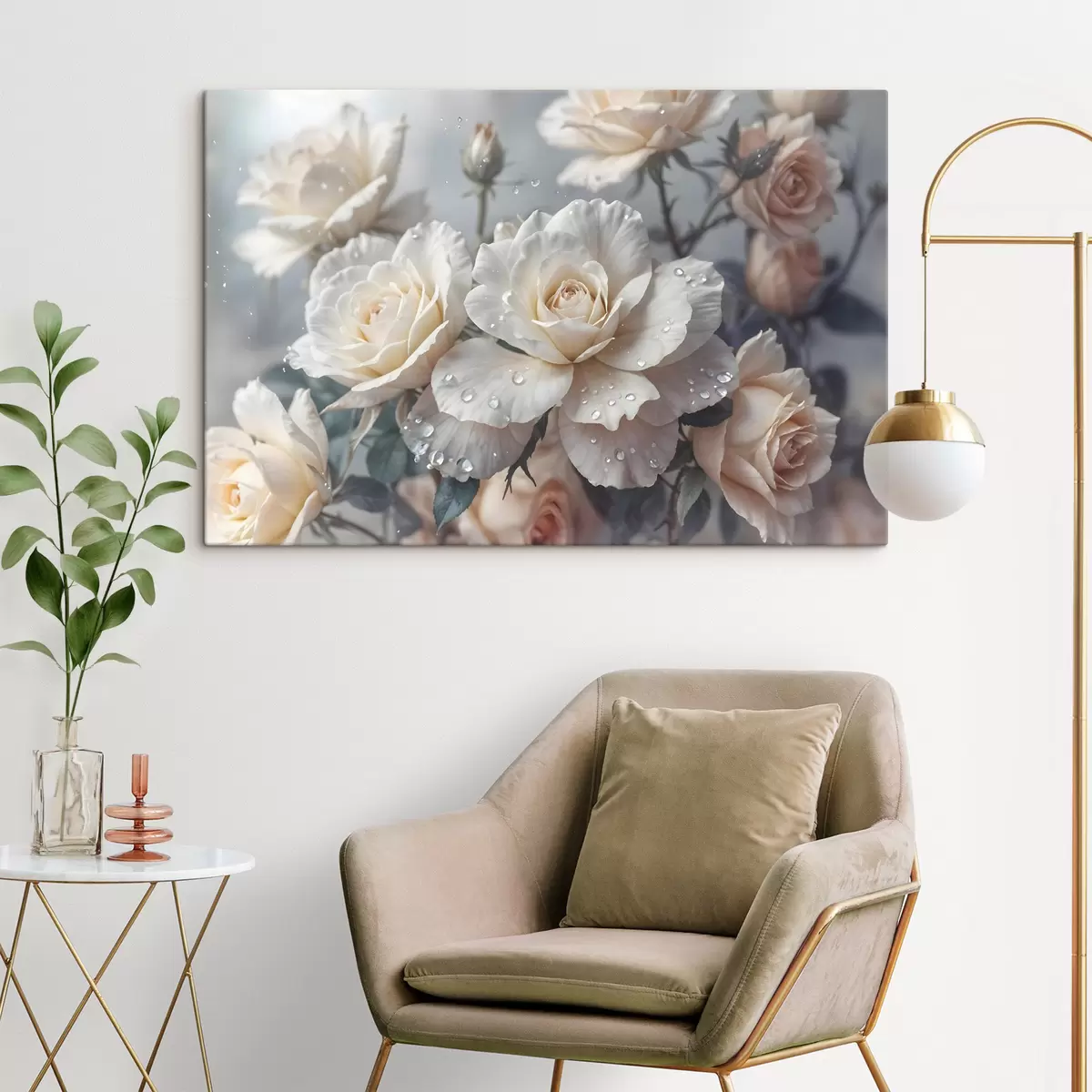 Pilt Rühm valgeid roose, mille kroonlehtedel on veetilgad, mõned rohelised lehed, summutatud taust, pehme valgus s43163