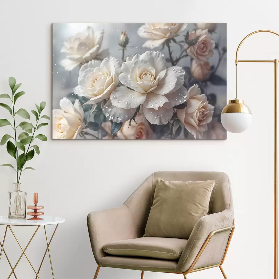 Pilt Rühm valgeid roose, mille kroonlehtedel on veetilgad, mõned rohelised lehed, summutatud taust, pehme valgus s43163