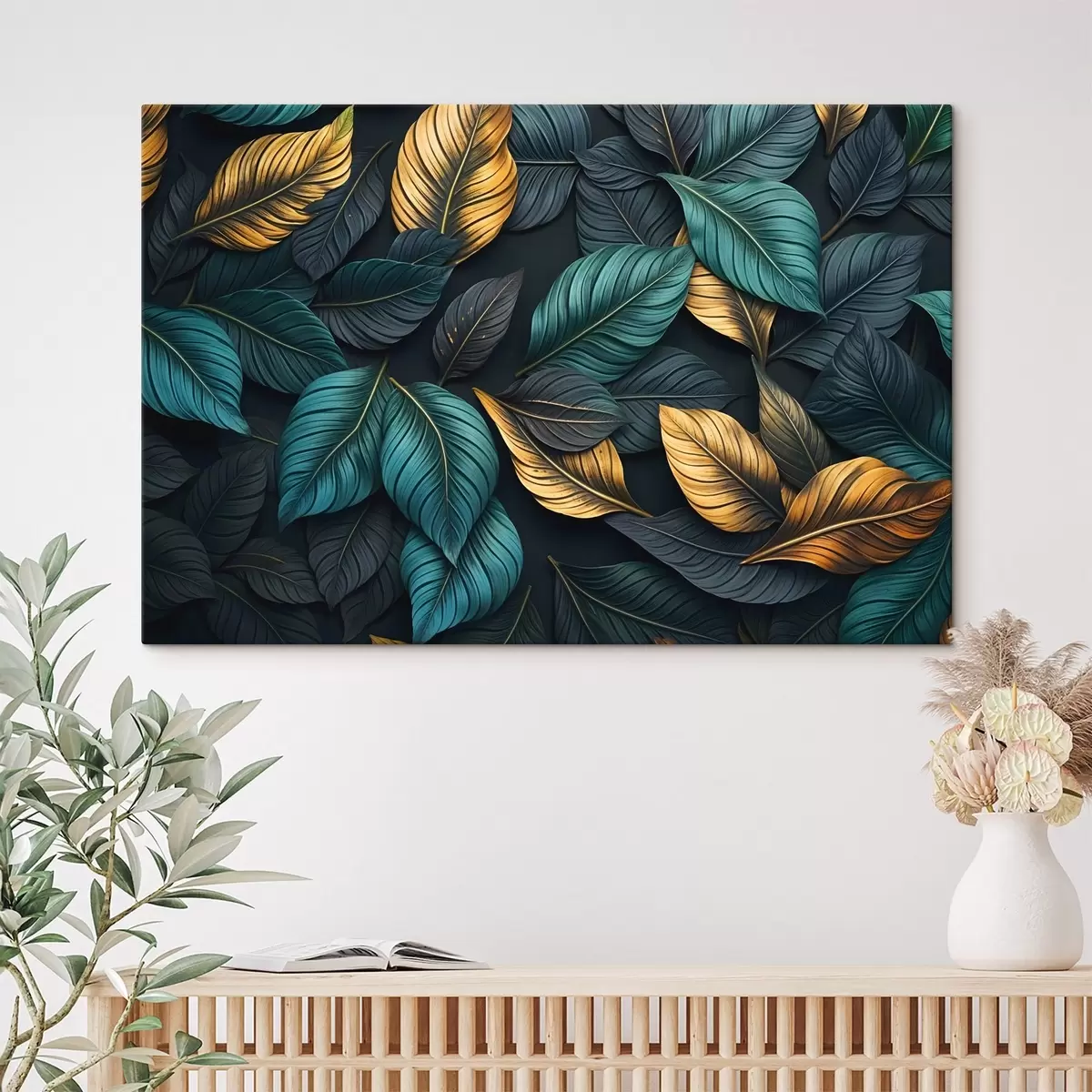 Pilt Tumerohelised, kollased ja mustad lehed tumedate veenidega, tumedal taustal, elegantne troopiline õhkkond s43164