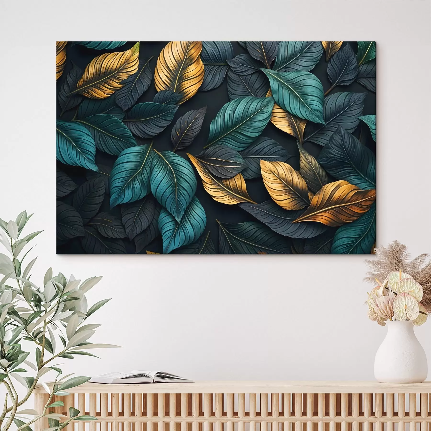 Fototapeedid Tumerohelised, kollased ja mustad lehed tumedate veenidega, tumedal taustal, elegantne troopiline õhkkond s43164