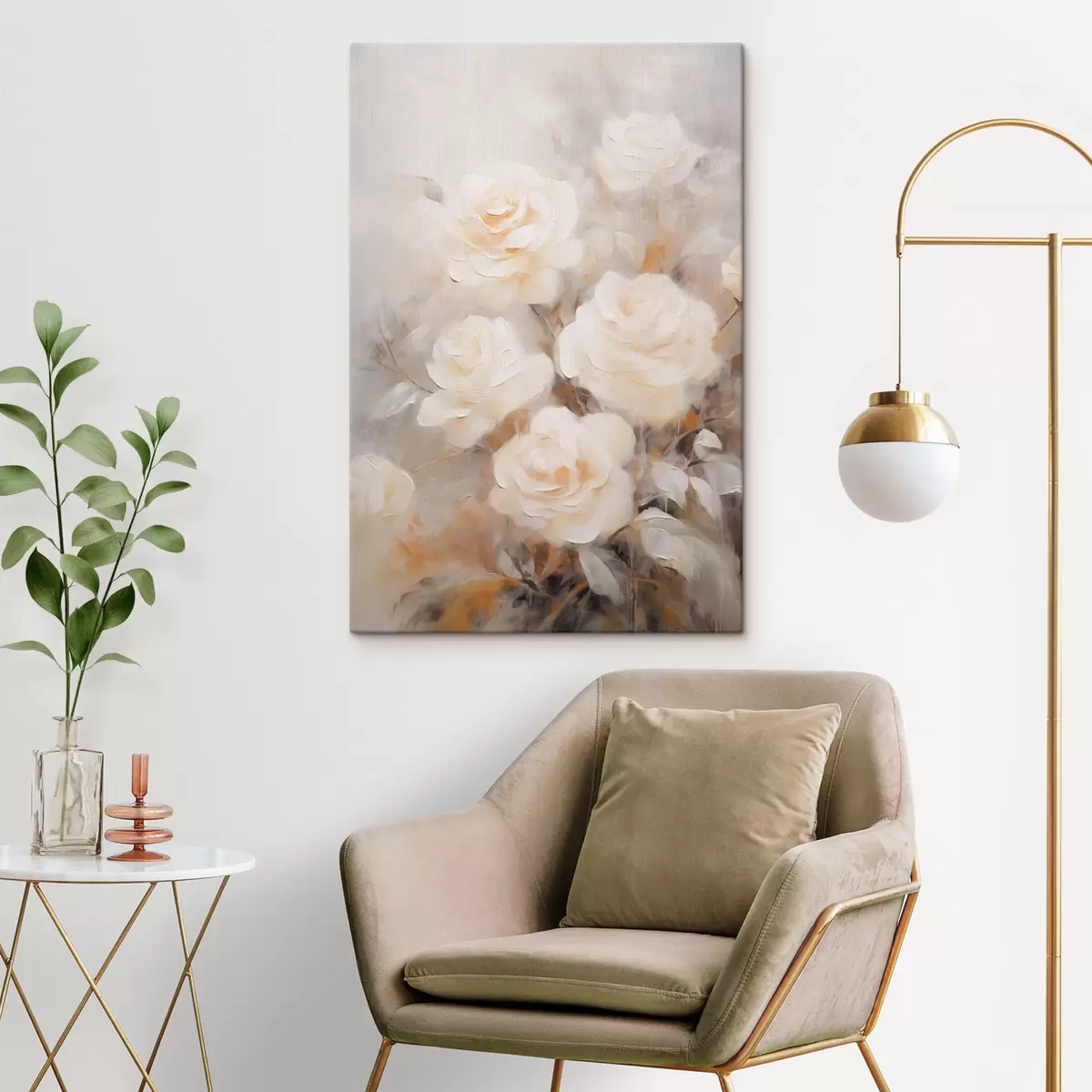 Pilt Valged roosid pehmete kroonlehtedega, taustaks vaiksed värvid ja hägused kujundid, mis loovad unenäolise efekti s43177