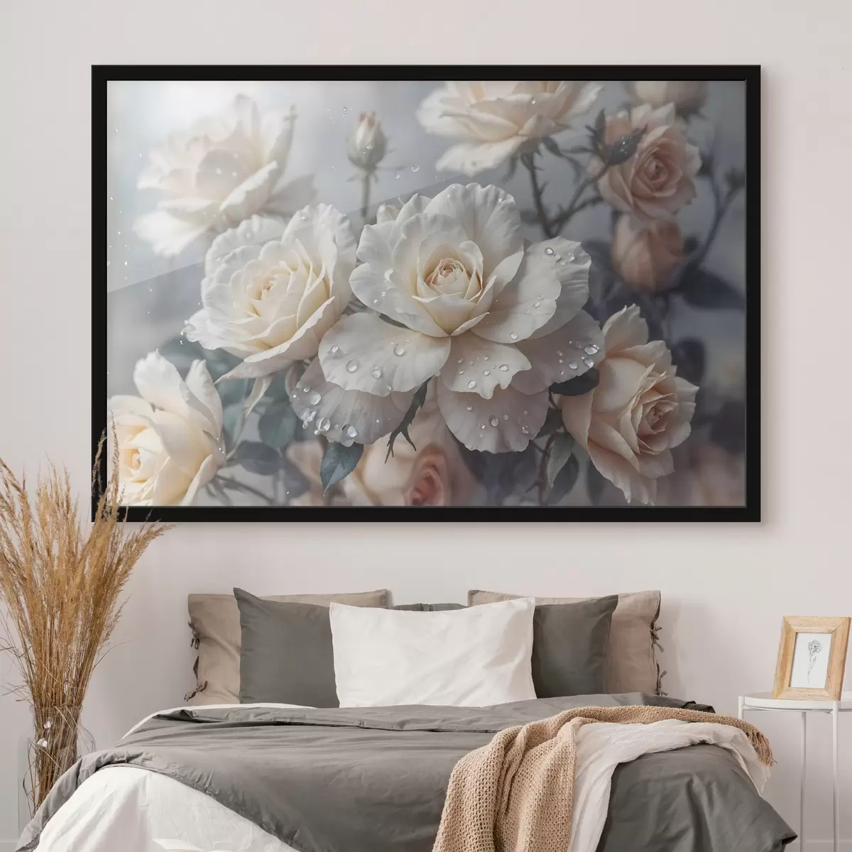 Plakat Rühm valgeid roose, mille kroonlehtedel on veetilgad, mõned rohelised lehed, summutatud taust, pehme valgus f43163