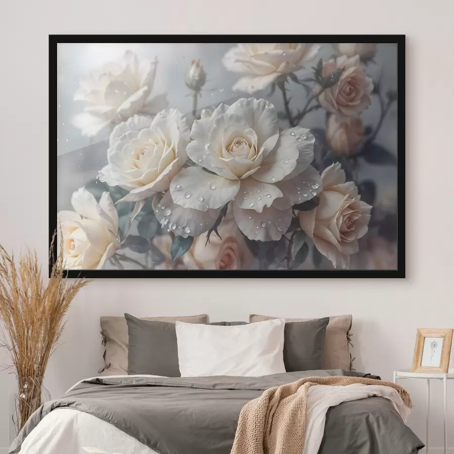 Fototapeedid Rühm valgeid roose, mille kroonlehtedel on veetilgad, mõned rohelised lehed, summutatud taust, pehme valgus f43163