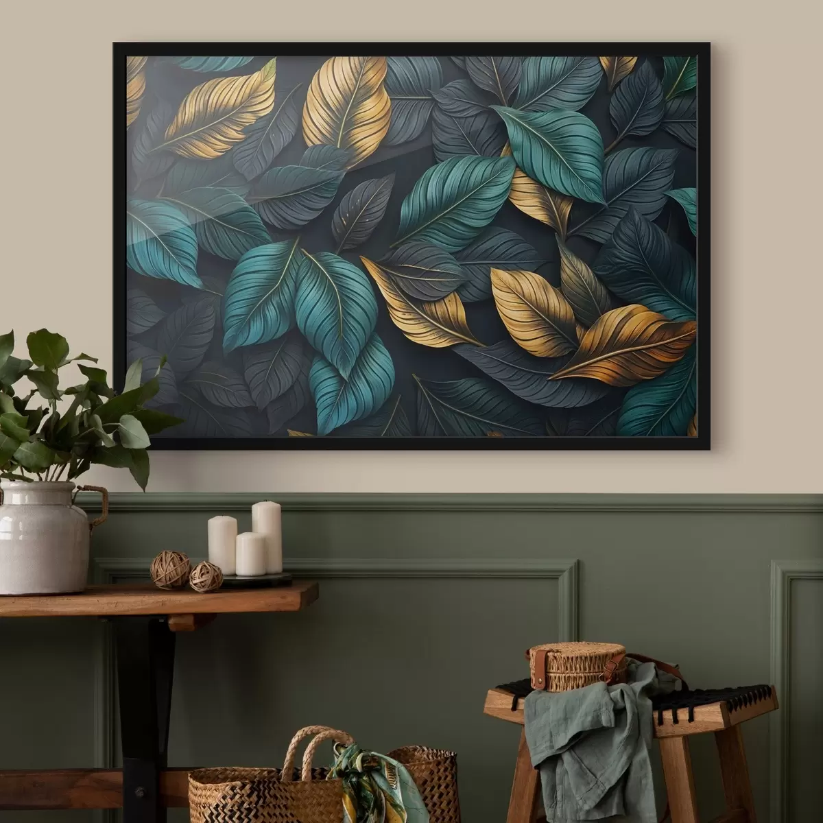 Plakat Tumerohelised, kollased ja mustad lehed tumedate veenidega, tumedal taustal, elegantne troopiline õhkkond f43164