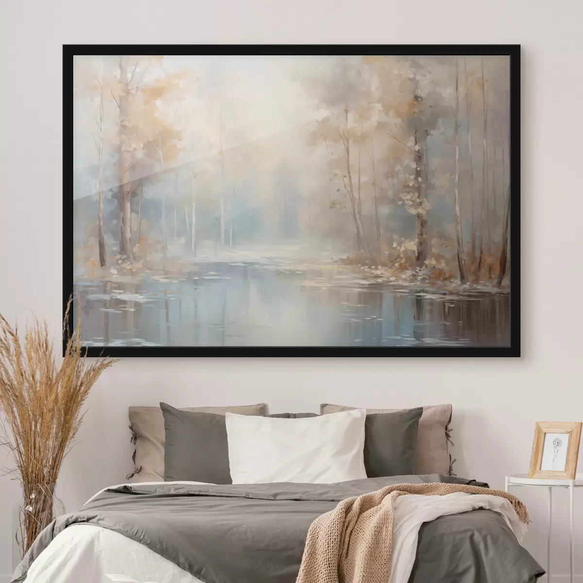 Plakat Maastik õlimaal imitatsioon rahulikust jõest, mis peegeldab pehmet valgust, mida ümbritsevad sügisesed puud f43167