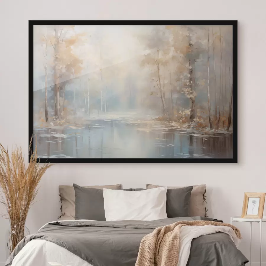 Fototapeedid Maastik õlimaal imitatsioon rahulikust jõest, mis peegeldab pehmet valgust, mida ümbritsevad sügisesed puud f43167