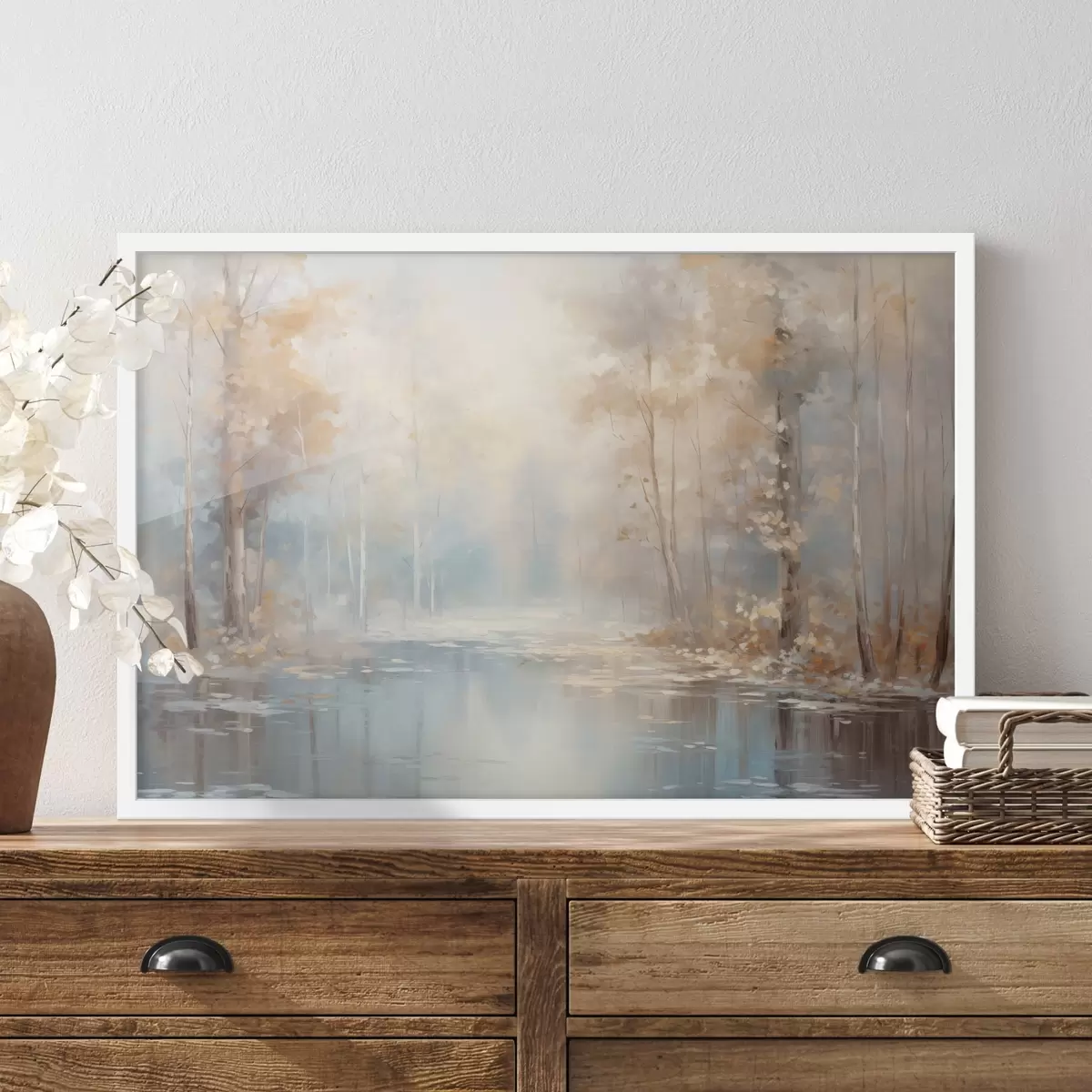 Plakat Maastik õlimaal imitatsioon rahulikust jõest, mis peegeldab pehmet valgust, mida ümbritsevad sügisesed puud f43167