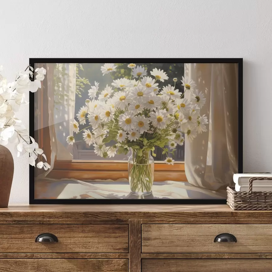 Fototapeedid Õlimaal imitatsioon vaasi valgeid marekad aknalaual, päikesepaisteline päev, soojad värvid palett f43171