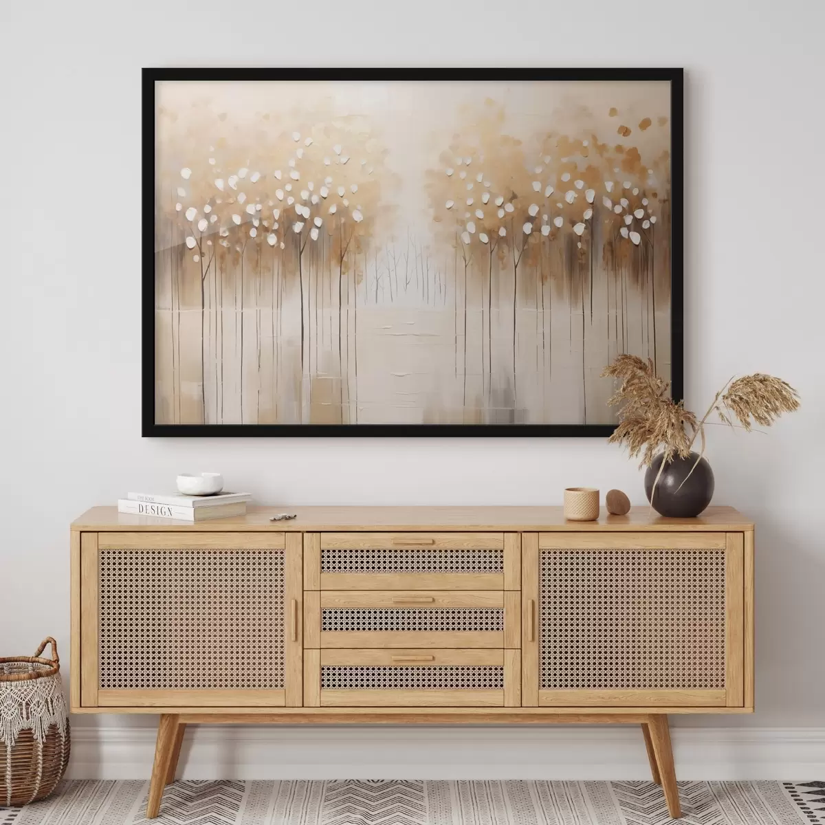 Plakat Õlimaal imitatsioon pruunid puud valge lehed metsas koos jõe keskel, valge taustaga f43172