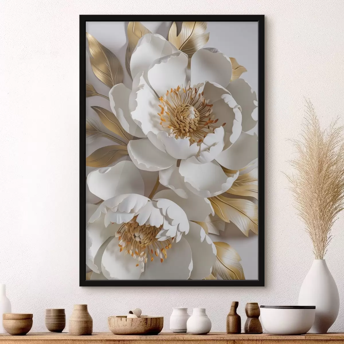 Plakat Valge õrn detailne dekoratiivne pioonilill kollaste lehtedega, taust on helehalli värvi f43176