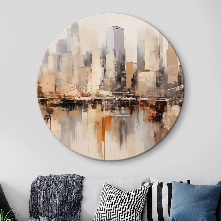 Pilt Abstraktne linnapilt, kus kõrged hooned on pruunide, hallide ja valgete toonidega, mis peegelduvad allolevas vees r43168