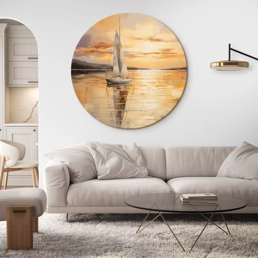 Pilt Maastikumaal koos purjekaga rahulikul merel, oranžikas ja kollane taevas, kauged mäed r43169