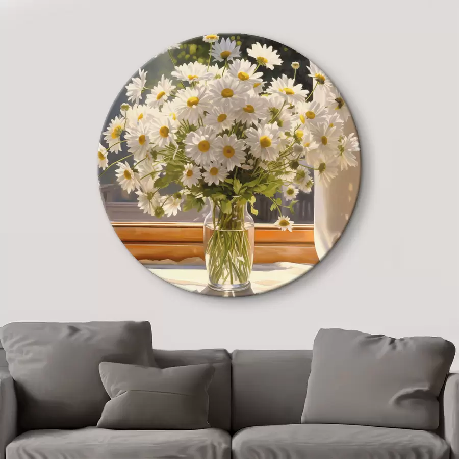 Pilt Õlimaal imitatsioon vaasi valgeid marekad aknalaual, päikesepaisteline päev, soojad värvid palett r43171