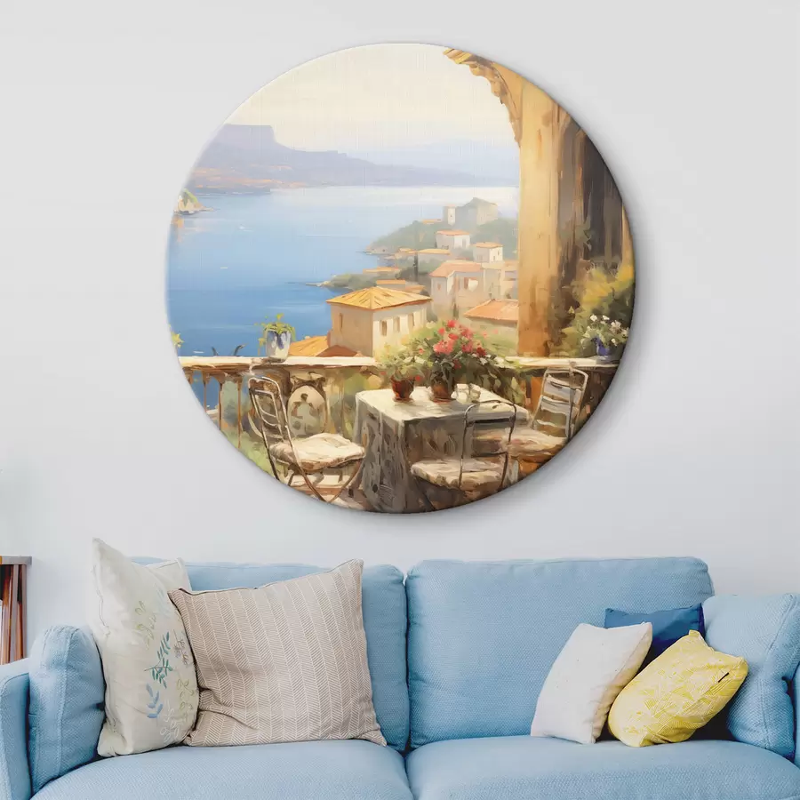 Fototapeedid Õlimaal imitatsioon rõdu lilledega, vaatega merele, majad rannikul, päikesepaisteline päev, sinine taevas r43173