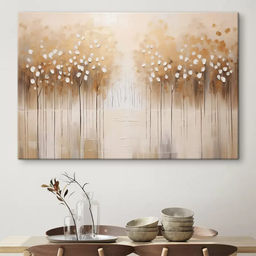 Pilt Õlimaal imitatsioon pruunid puud valge lehed metsas koos jõe keskel, valge taustaga s43172