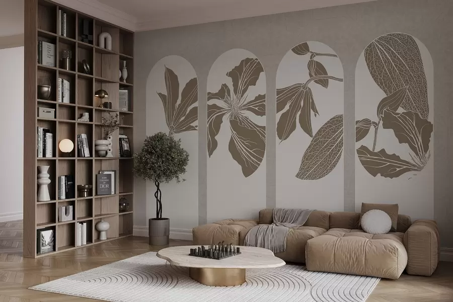 Fototapeedid Elegantsed kaared lillemustritega beeži ja valge värviga, tekstuuriga beežil taustal, minimalistlikus stiilis w08866