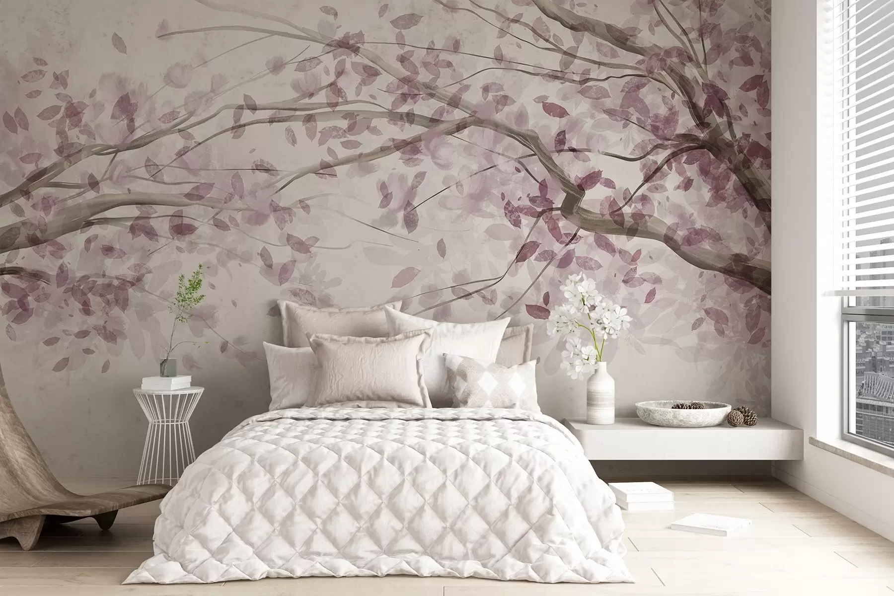 Fototapeedid Õie oksad roosade lehtedega, pehmed värvid, õrnad detailid, akvarellstiilis, heledal taustal w08867