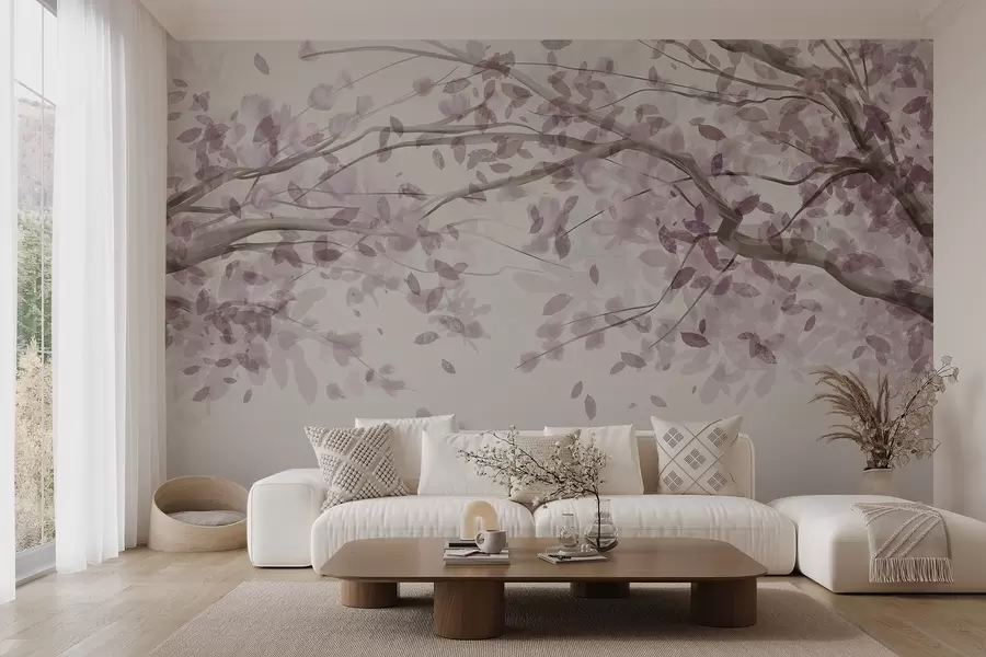 Fototapeedid Õie oksad roosade lehtedega, pehmed värvid, õrnad detailid, akvarellstiilis, heledal taustal w08867