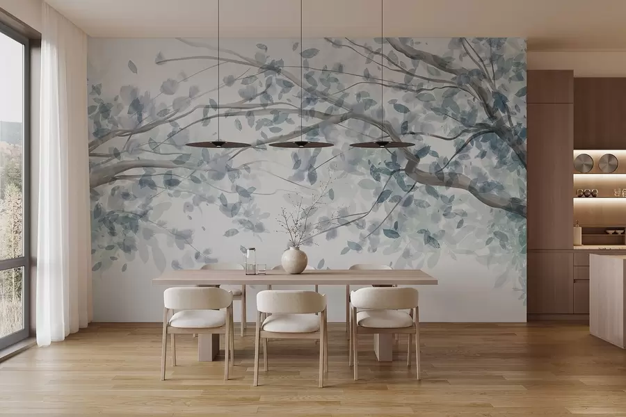 Fototapeedid Siniste lehtedega õie oksad, pehmed värvid, õrnad detailid, akvarellstiilis, heledal taustal w08867v2