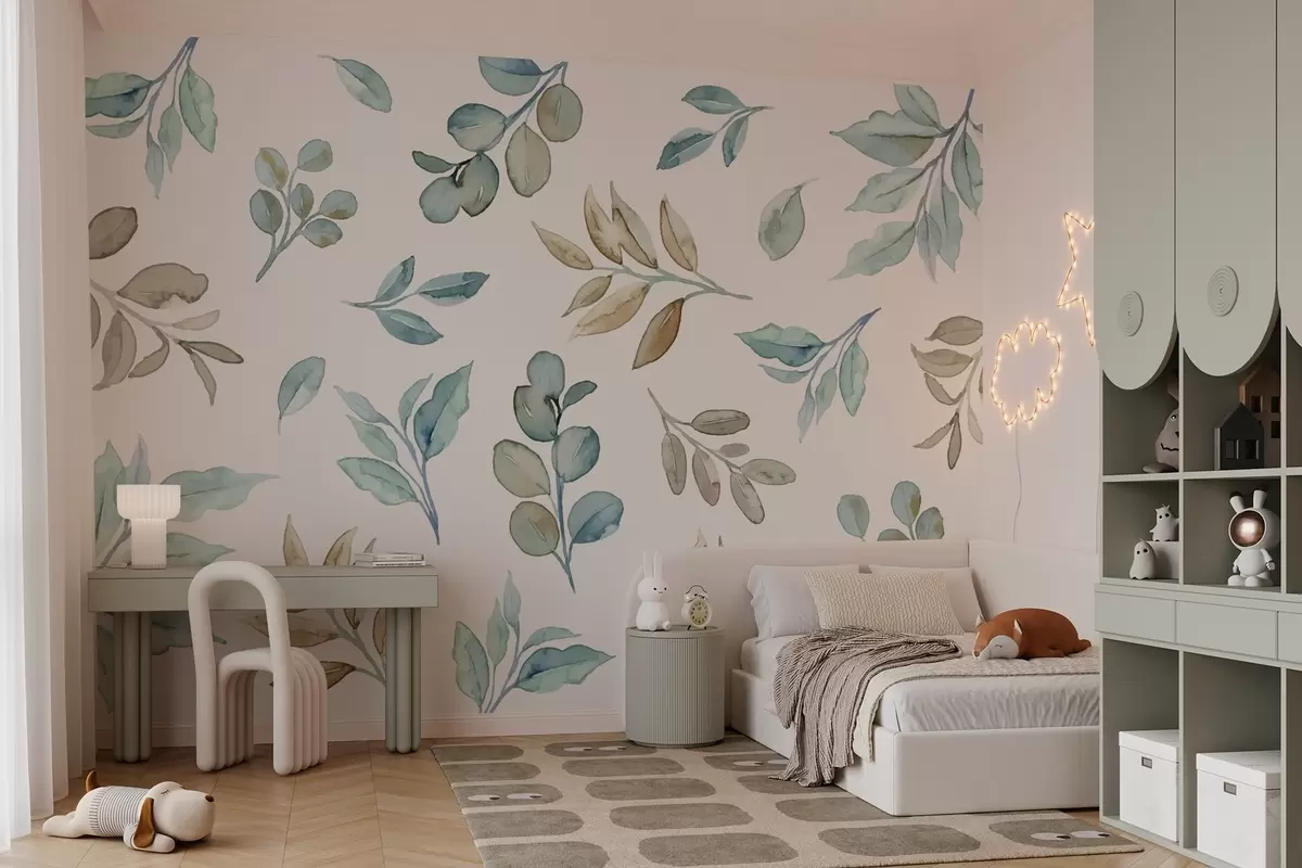 Fototapeedid erinevad lehed ja oksad akvarellitehnikas sinistes ja beežides toonides valgel taustal w03280