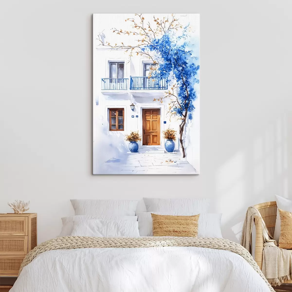 Pilt Siniste lilledega õitsev puu, valge maja, Kreeka, akvarellstiilis s43183