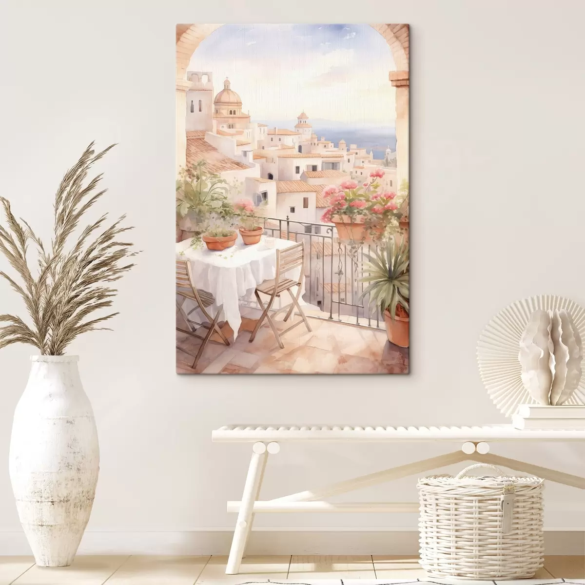 Pilt Päikeseloojang rõdul, Itaalia, arhitektuur, õitsevad lilled, akvarellstiil s43184